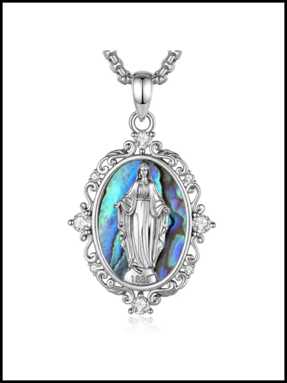 Silver Plated Copper Virgin Mary Pendant Necklace with Abalone Shell CZ